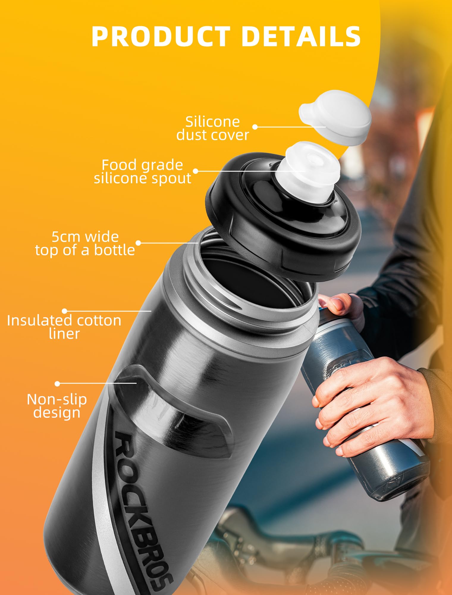 ROCKBROS 21oz Insulated Bike Water Bottle - Leakproof Squeeze Design for Cycling, Running & Sports - Keeps Drinks Cold for 5 Hours - Perfect for Road Bikes, Mountain Biking & Gym Workouts