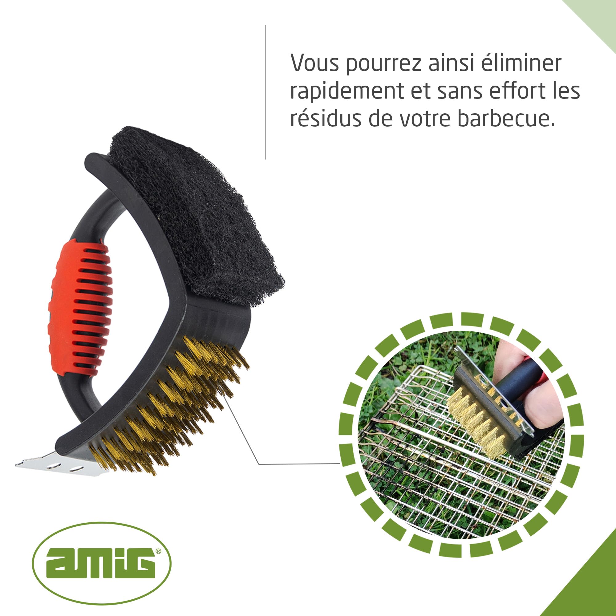 Amig 3-in-1 BBQ Grill Cleaning Brush with Scraper & Scourer - Heavy Duty Stainless Steel Bristles for Charcoal, Gas & Electric Grills - Perfect for Outdoor Cooking, Backyard BBQs & Camping (16.5x11.5x7cm)