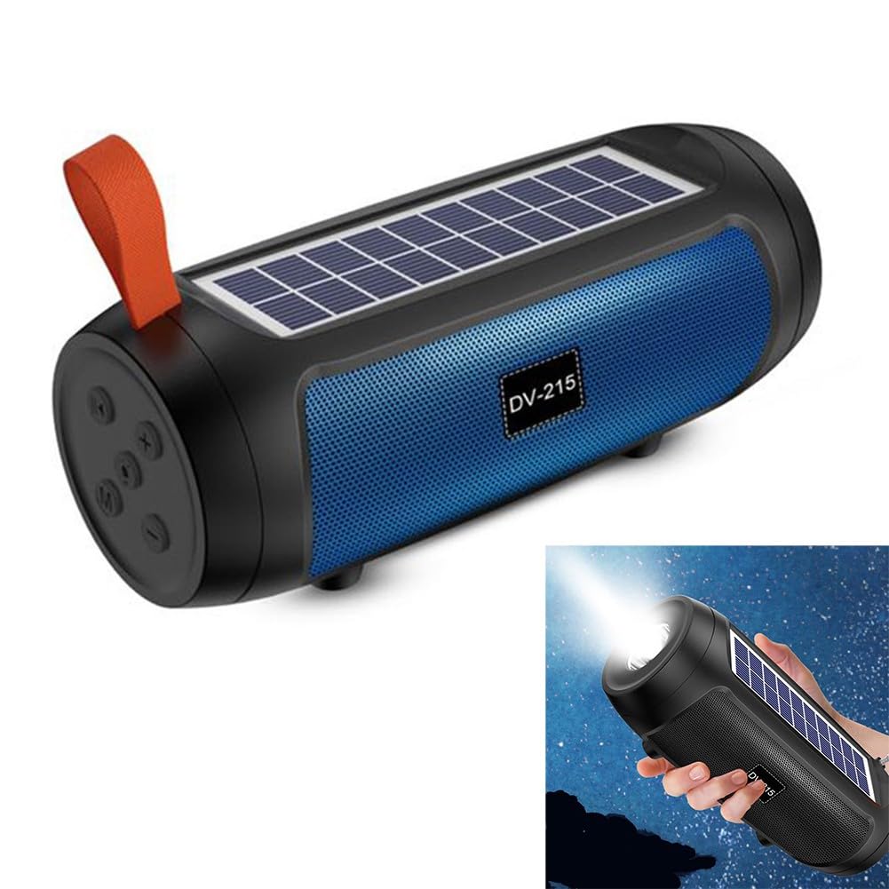 Portable Solar Bluetooth Speaker with Flashlight & Card Slot - Wireless Outdoor Boombox for Camping, Beach, Hiking (Blue)