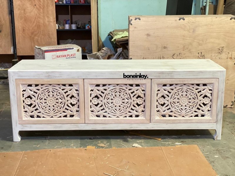 Hand Carved Floral Wooden Media Console - Rustic TV Stand with Storage Shelves for Living Room, Bedroom & Home Theater Decor