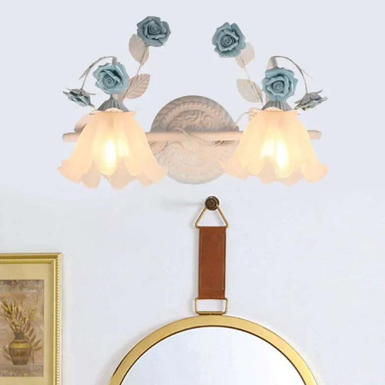 Vintage Rose Glass Country Bathroom Wall Sconces - Elegant Farmhouse Lighting for Bathroom Vanity, Hallway, and Bedroom Decor