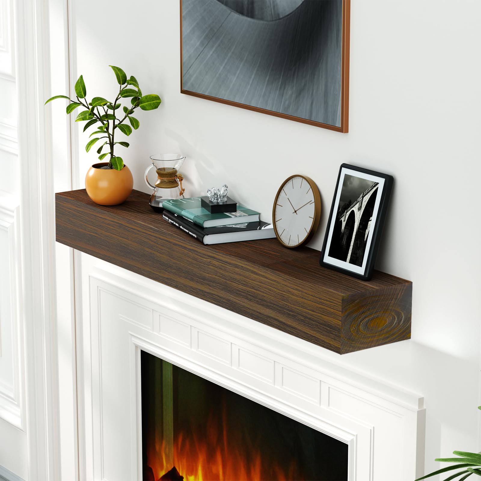 LOVMOR 60-Inch Floating Fireplace Mantel Shelf - Dark Chocolate Wood Wall Mount Mantel for Over Fireplace, 48