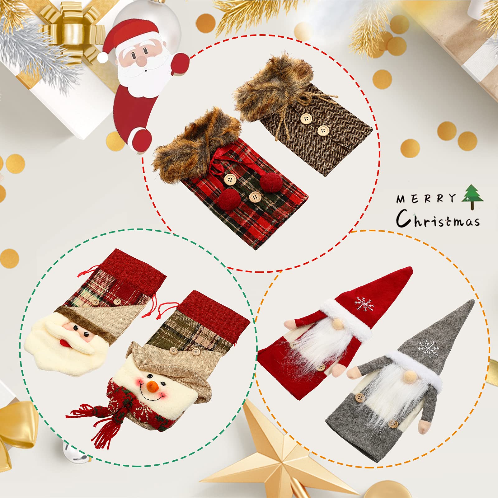 6-Piece Christmas Wine Bottle Covers Set - Santa Claus & Snowman Sweater Bottle Bags with Gnome Toppers | Faux Fur Drawstring Covers for Holiday, Birthday & Party Decorations | Perfect for Christmas Gifts, Home Decor & Festive Celebrations