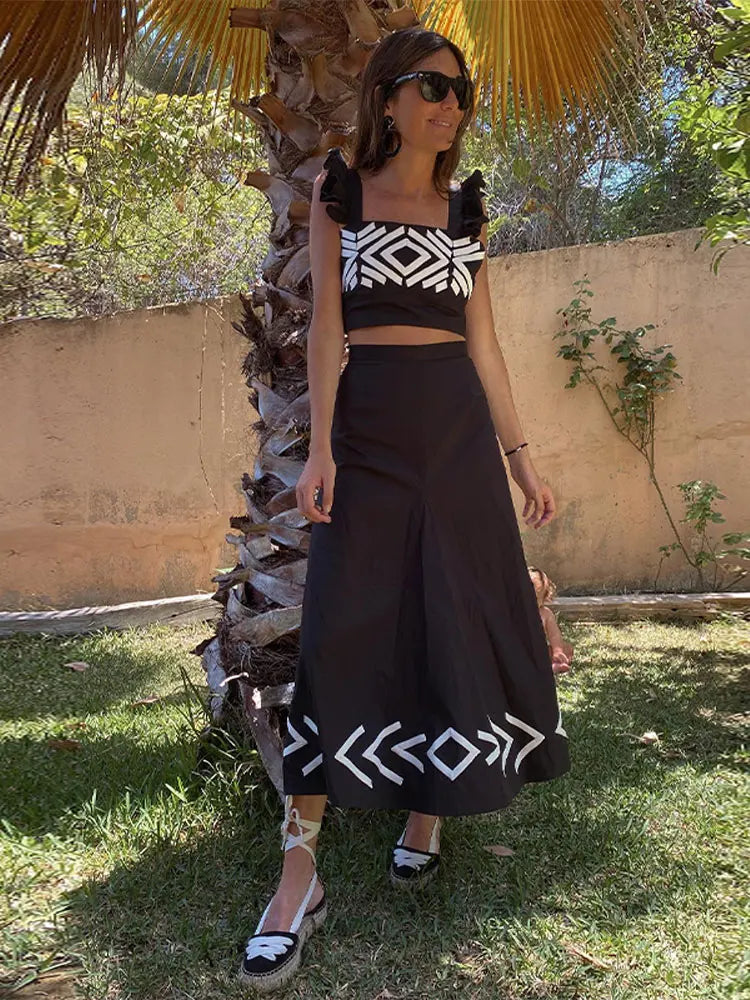 Women's Fashion Print Skirt Suit Dress - Spaghetti Strap Sleeveless Crop Top & Skirt 2 Piece Set for Spring Summer | Beach Outfits, Party Wear & Casual Day Dress