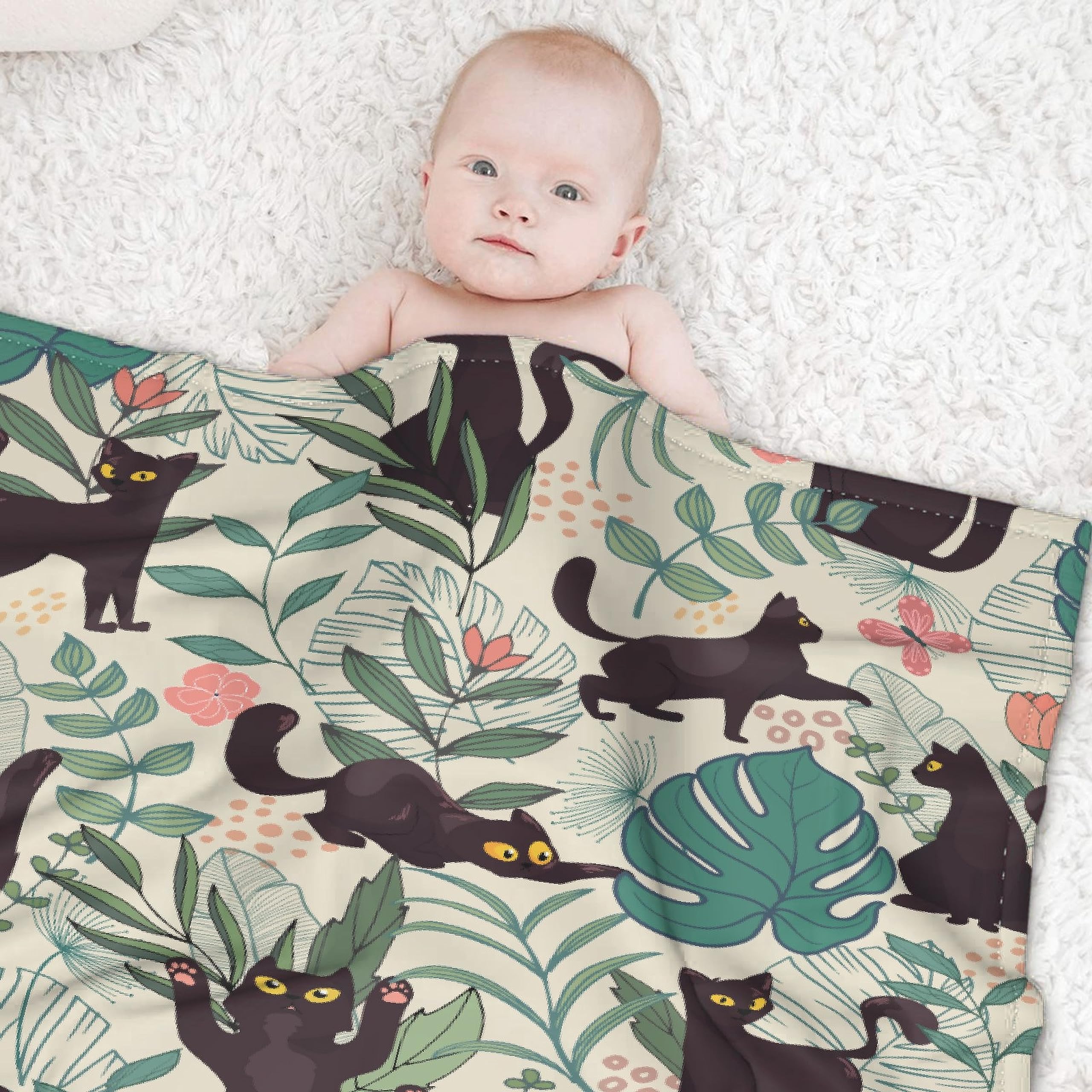 Floral Cat Fleece Blanket - Lightweight Soft Throw Blanket for Bed, Couch, Travel & Outdoor - Cozy Gift for Women, Baby & Pets (30