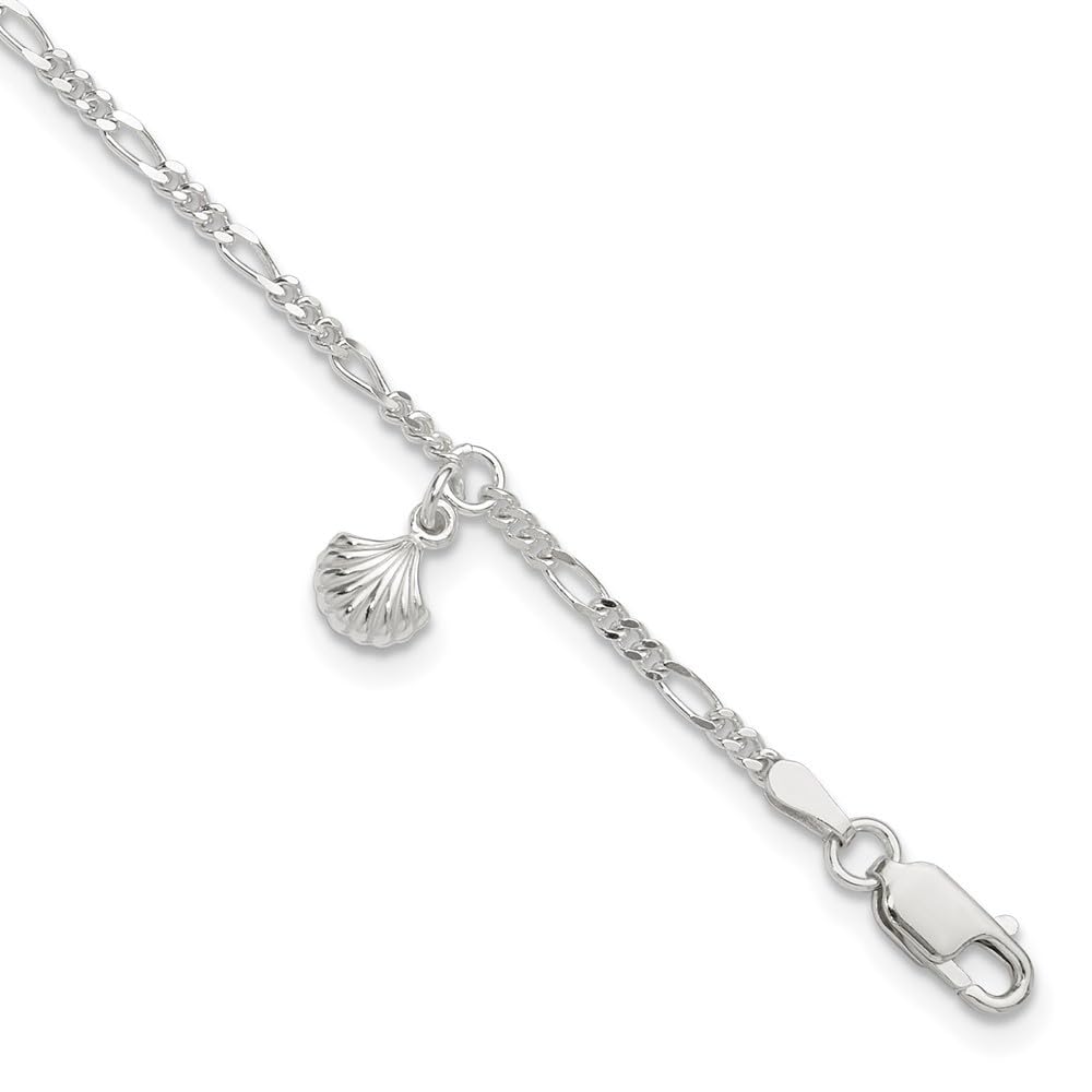 925 Sterling Silver Polished Shell Anklet - 9