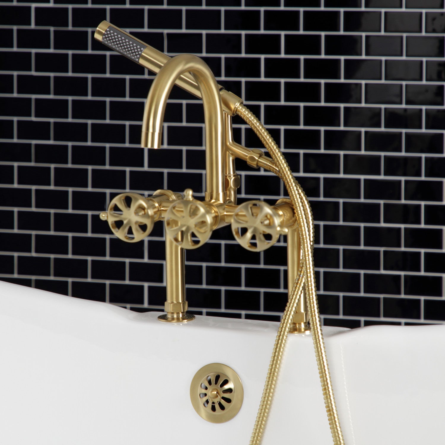 Belknap AE8107RX 3-Handle 2-Hole Deck Mount Clawfoot Bathtub Faucet with Hand Shower in Brushed Brass - Vintage Style Bathroom Fixture for Classic & Modern Homes