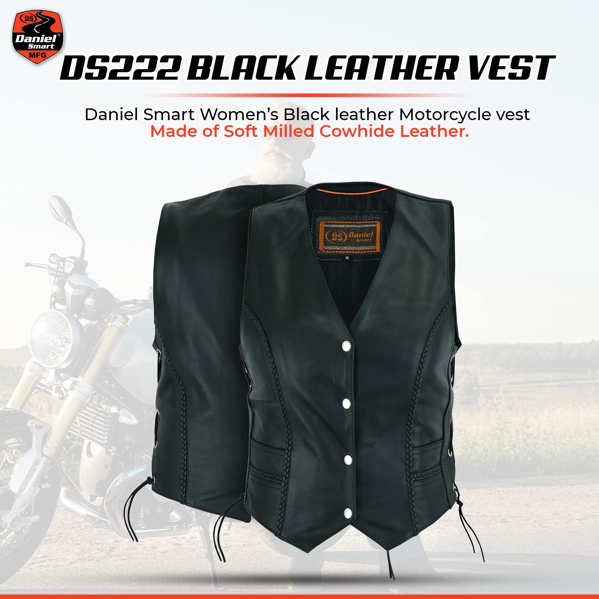 Daniel Smart Women's Leather Vest with Braid Detail & Side Laces - Concealed Armory Pocket for Everyday Wear, Motorcycle Riding & Outdoor Adventures