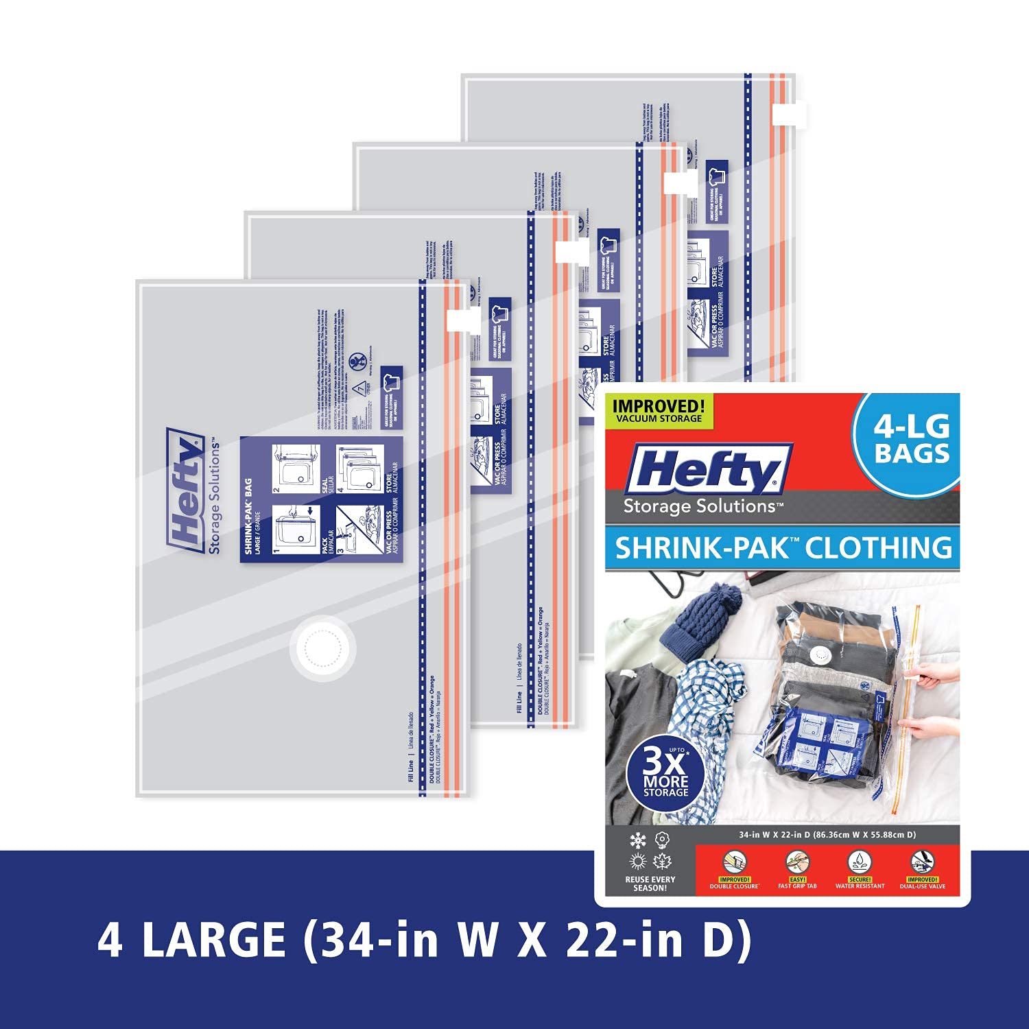 Hefty Shrink-Pak - 4 Large Vacuum Storage Bags for Clothes, Pillows, Towels & Blankets | Space Saving Vacuum Sealer Bags | Ideal Under Bed Storage Solution for Seasonal Clothes, Travel & Home Organization