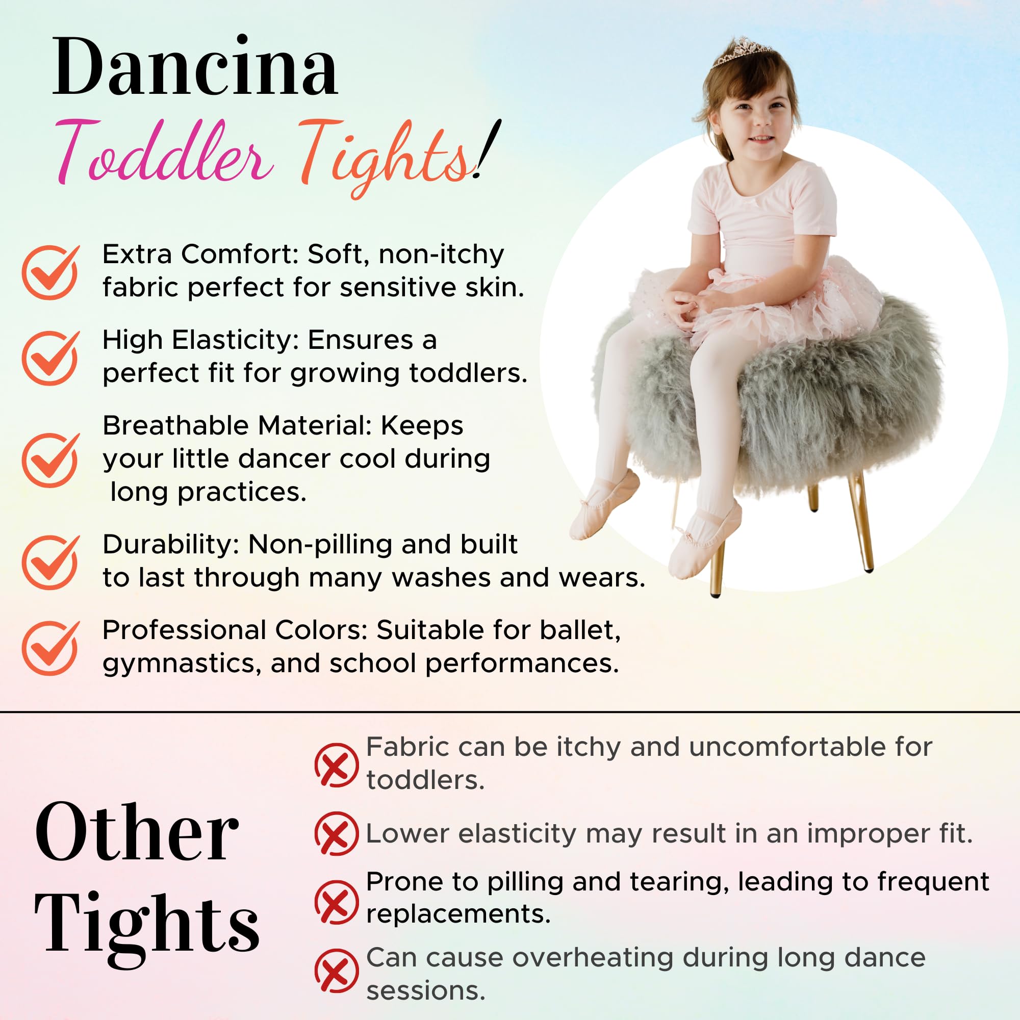 Dancina Toddler Girls Ballet Dance Tights - Soft Stretchable Ballet Tights for Kids - Perfect for Dance Class, Recitals & Ballet Practice