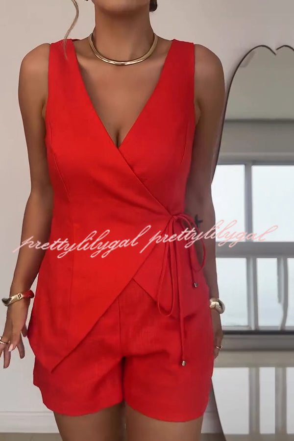 Women's Solid Color Casual Sleeveless V-Neck Top & Loose Shorts Set - Summer Outfit for Beach, Travel and Daily Wear