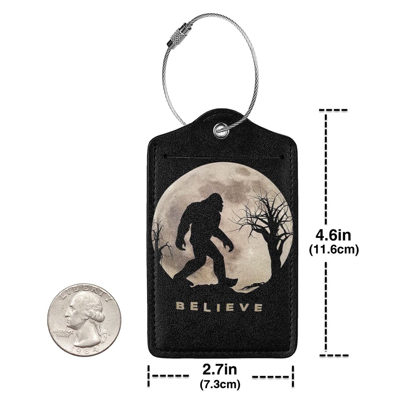 Funny Bigfoot Sasquatch Full Moon Luggage Tag - Stainless Steel Loop & PU Leather Name ID Card Holder - Durable Suitcase Labels for Women, Men & Kids - Perfect for Travel, Backpacks & Carry-On Bags (1pc)