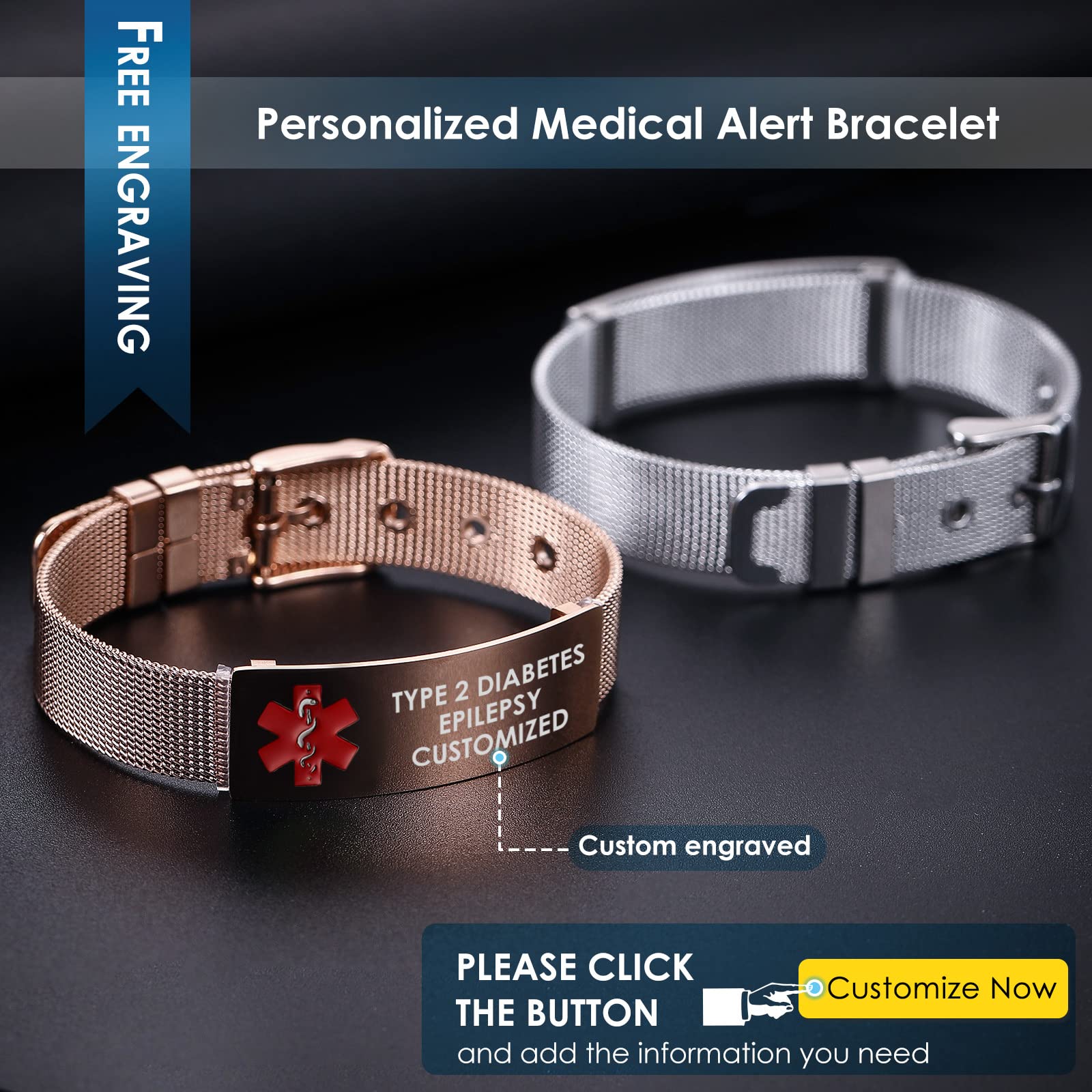 Custom Engraved Medical Alert Bracelet for Women & Girls - Adjustable Stainless Steel Mesh Emergency ID Wristband with Free Personalization | Perfect for Diabetes, Allergies & Daily Safety