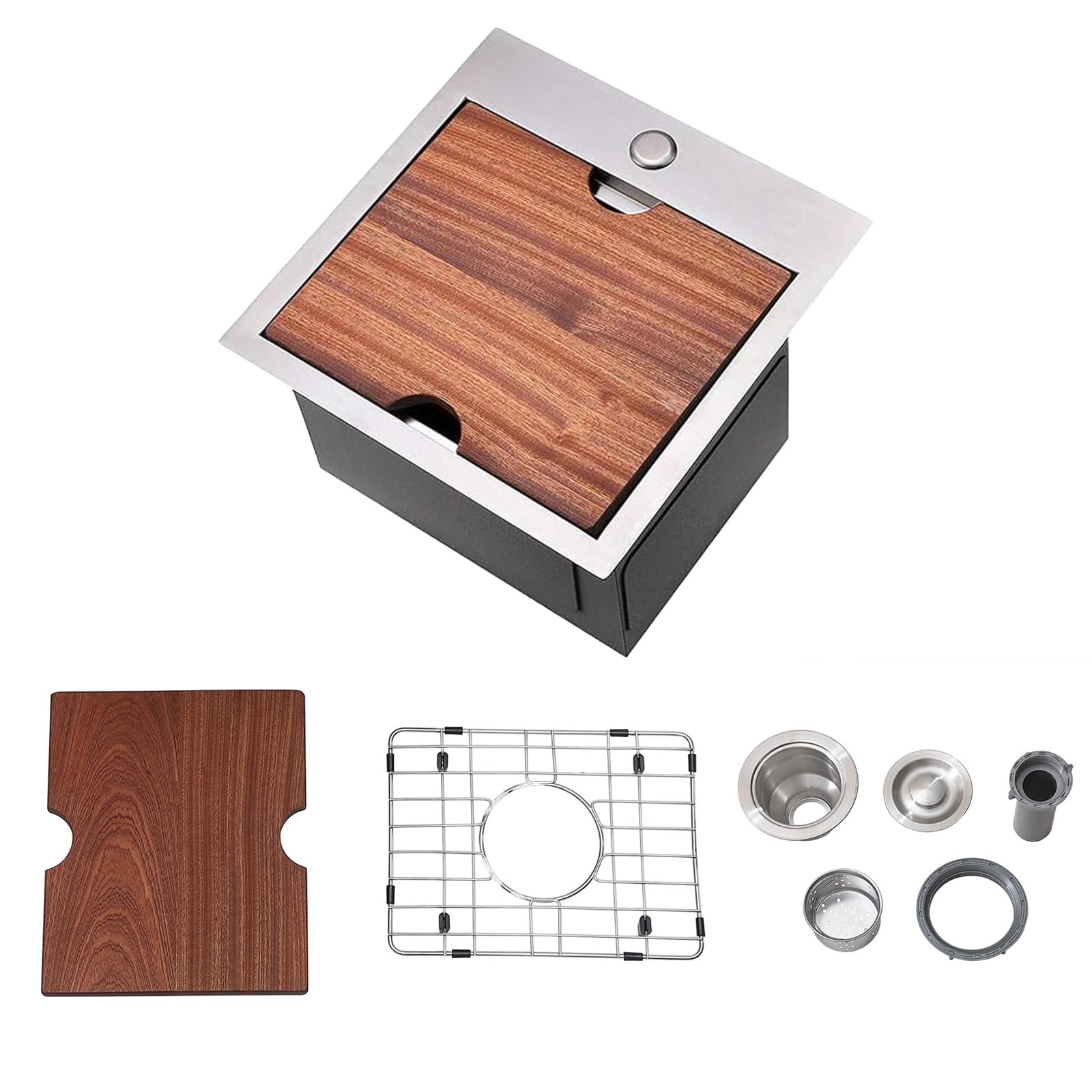Friho 15 x 15 Inch Stainless Steel Single Bowl Topmount Kitchen Sink - Handmade Bar Prep Sink for Outdoor RV Use with Cutting Board | Perfect for Small Kitchens, Food Prep, and Camping