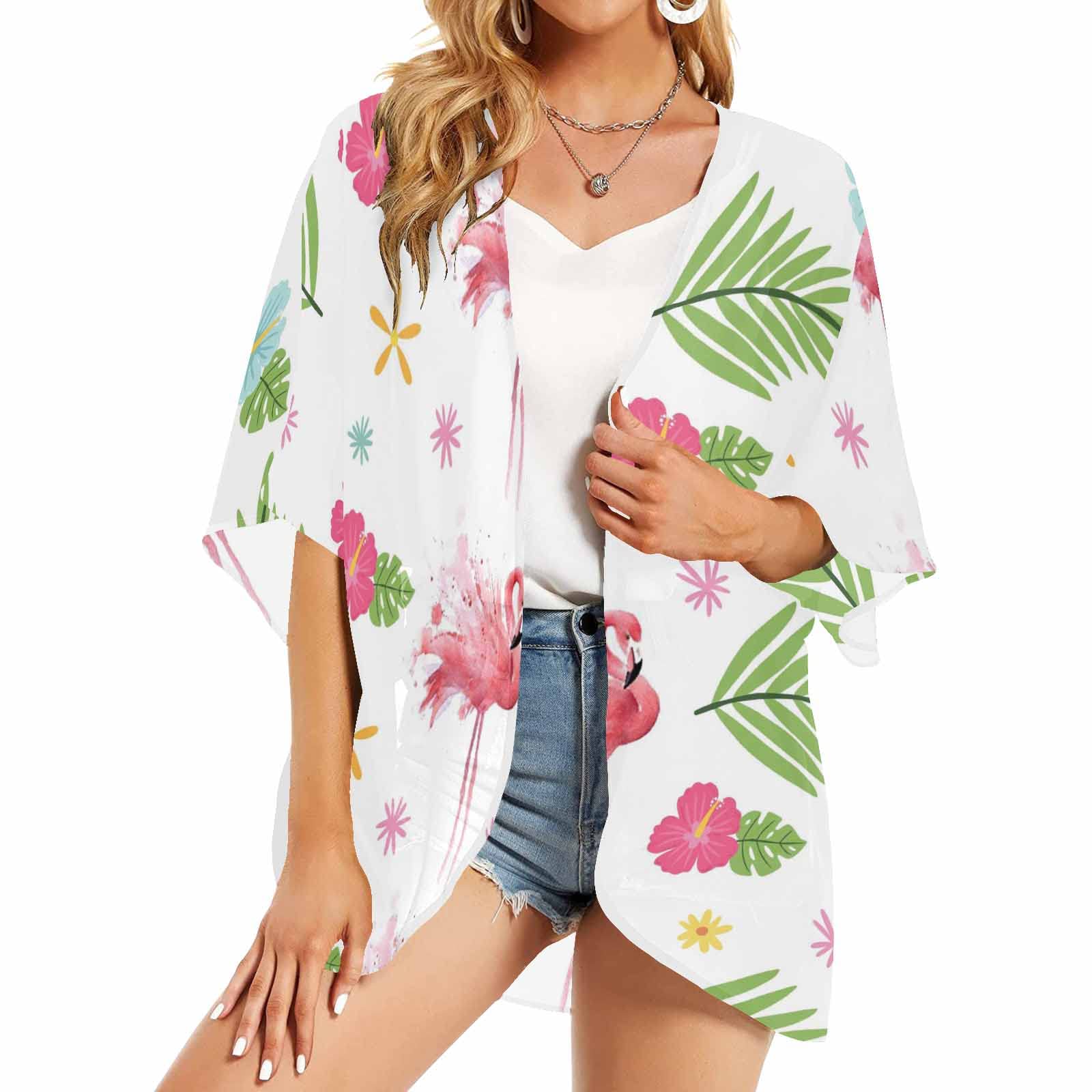 Flamingo Print Women's Batwing Sleeve Chiffon Cardigan Kimono - Christmas Gift, Beach Cover Up, Summer Vacation Outfit, Pool Party Wear