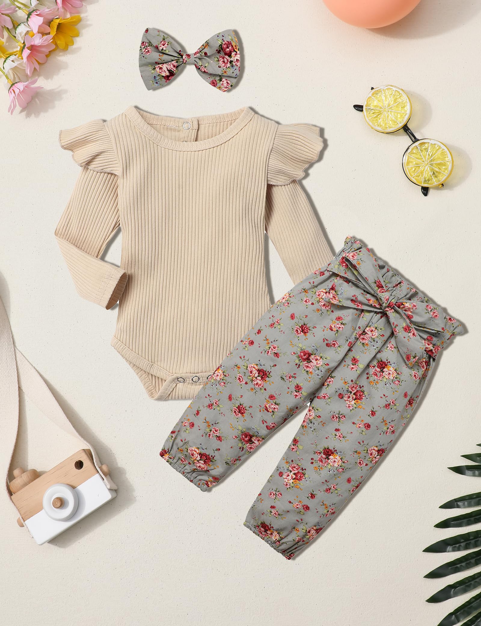 KANGKANG Newborn Baby Girl Outfit Set - Ribbed Ruffle Sleeve Romper, Floral Pants & Headband | 3-Piece Cute Infant Clothes for Photo Shoots, Parties & Daily Wear