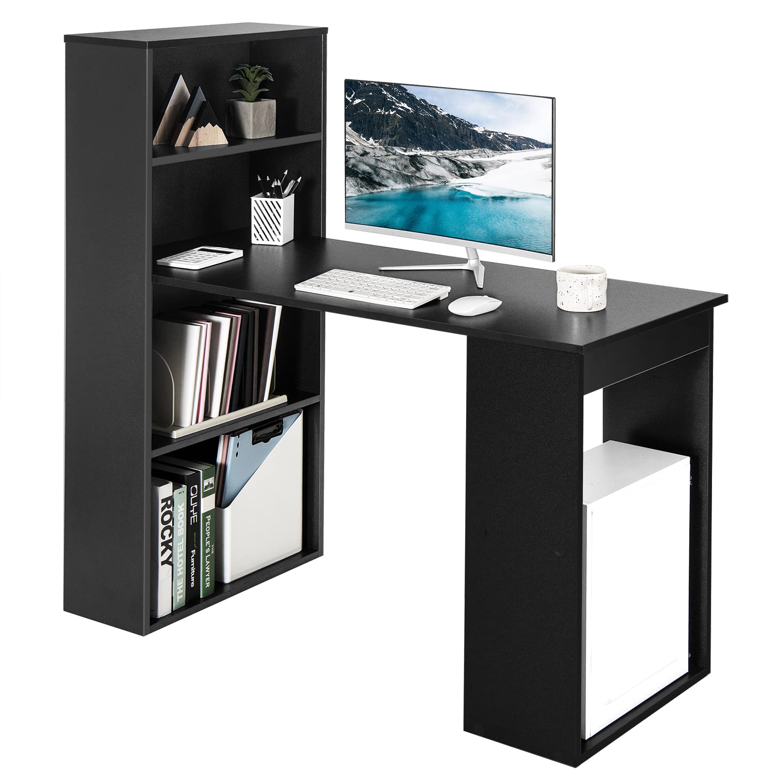 Tangkula Black Modern Computer Desk with Bookshelf - Compact Writing Study Desk with Storage Shelves & CPU Stand - Space-Saving Home Office Workstation for Small Spaces, Gaming & Remote Work