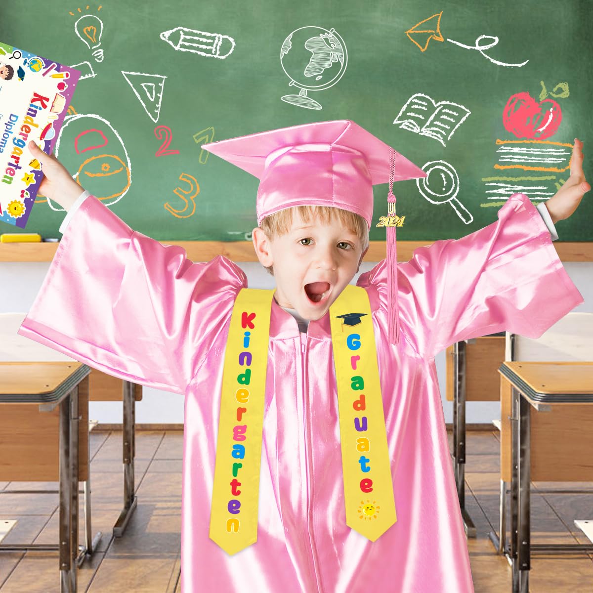 Kindergarten Graduation Cap and Gown Set with Tassel & Stole - Preschool Graduation Certificate for Kids - Perfect for Preschool Ceremony, Kindergarten Celebration & Photo Shoots