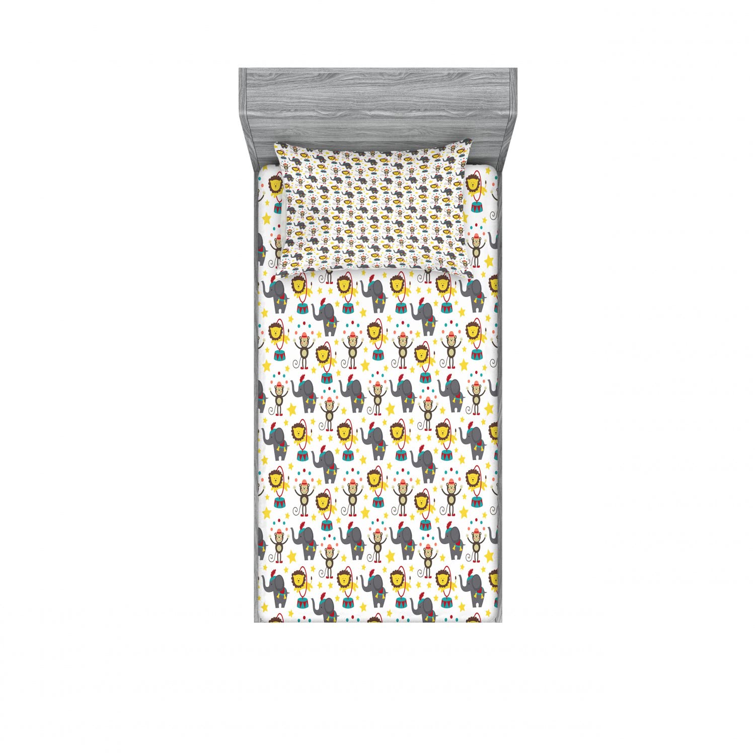 Ambesonne 2-Pack Twin Fitted Sheets & Pillow Sham Set - Circus Animals Jumping Print, 4-Piece Bedding Decor (2 Fitted Sheets + 2 Pillow Covers), Vibrant Multicolor Design | Perfect for Kids' Rooms, Themed Bedrooms & Circus Lovers