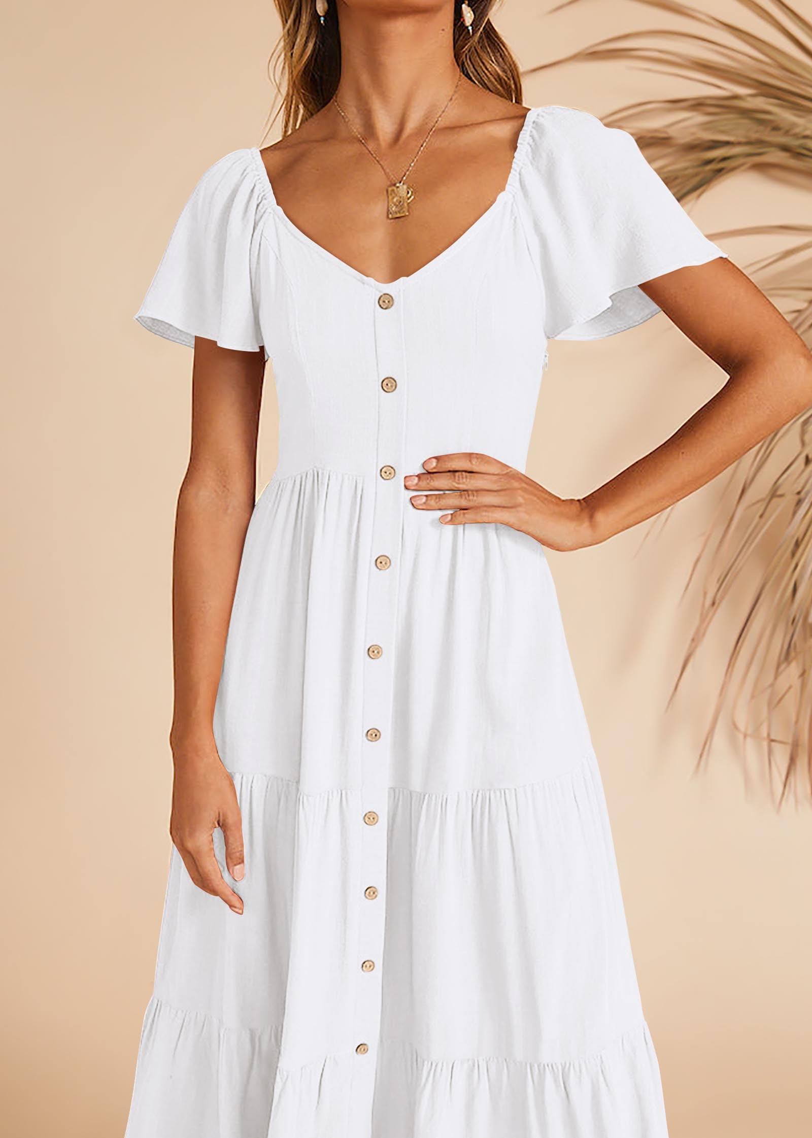 KIRUNDO Women's 2025 Spring Summer Casual Linen Short Sleeve Midi Dress - Button V-Neck Tiered Sundress with Pockets | Beach Vacation, Garden Party & Everyday Wear