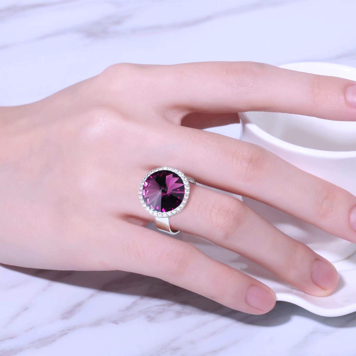 PLATO H Women's Colorful Crystal Ring - Zodiac Birthstone Bands with Big Round Brilliant Stones, Elegant Jewelry Gift for Anniversary, Birthday, Valentine's Day | Perfect for Parties, Weddings, Date Nights & Special Occasions