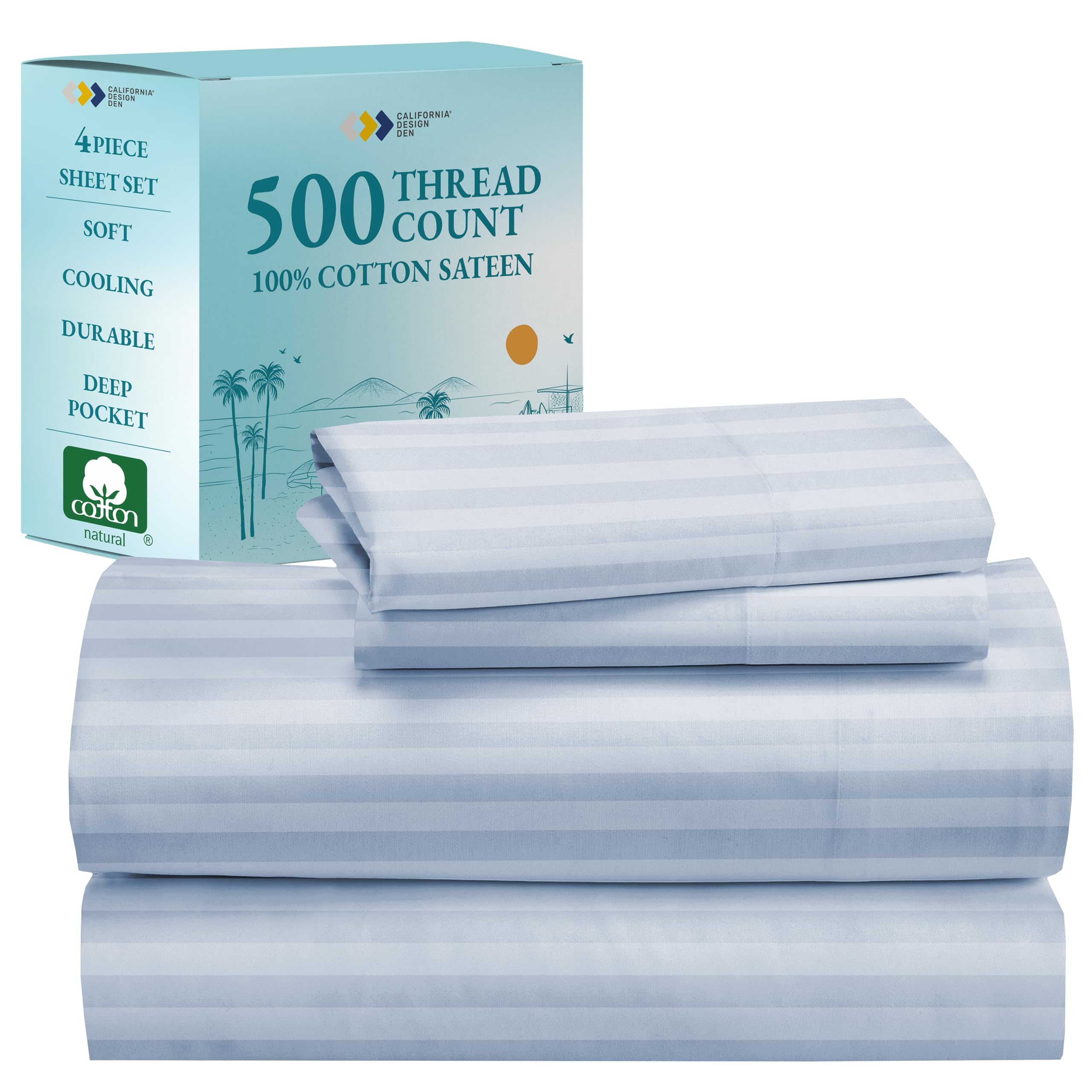 California Design Den - 100% Cotton Queen Sheets Set | 500 Thread Count Cooling Bed Sheets | Deep Pocket Snug Fit Elastic | 4-Piece Hotel Quality Damask Stripe Bedding Set (Light Blue) | Perfect for Home, Guest Room & Luxury Hotel Style Comfort