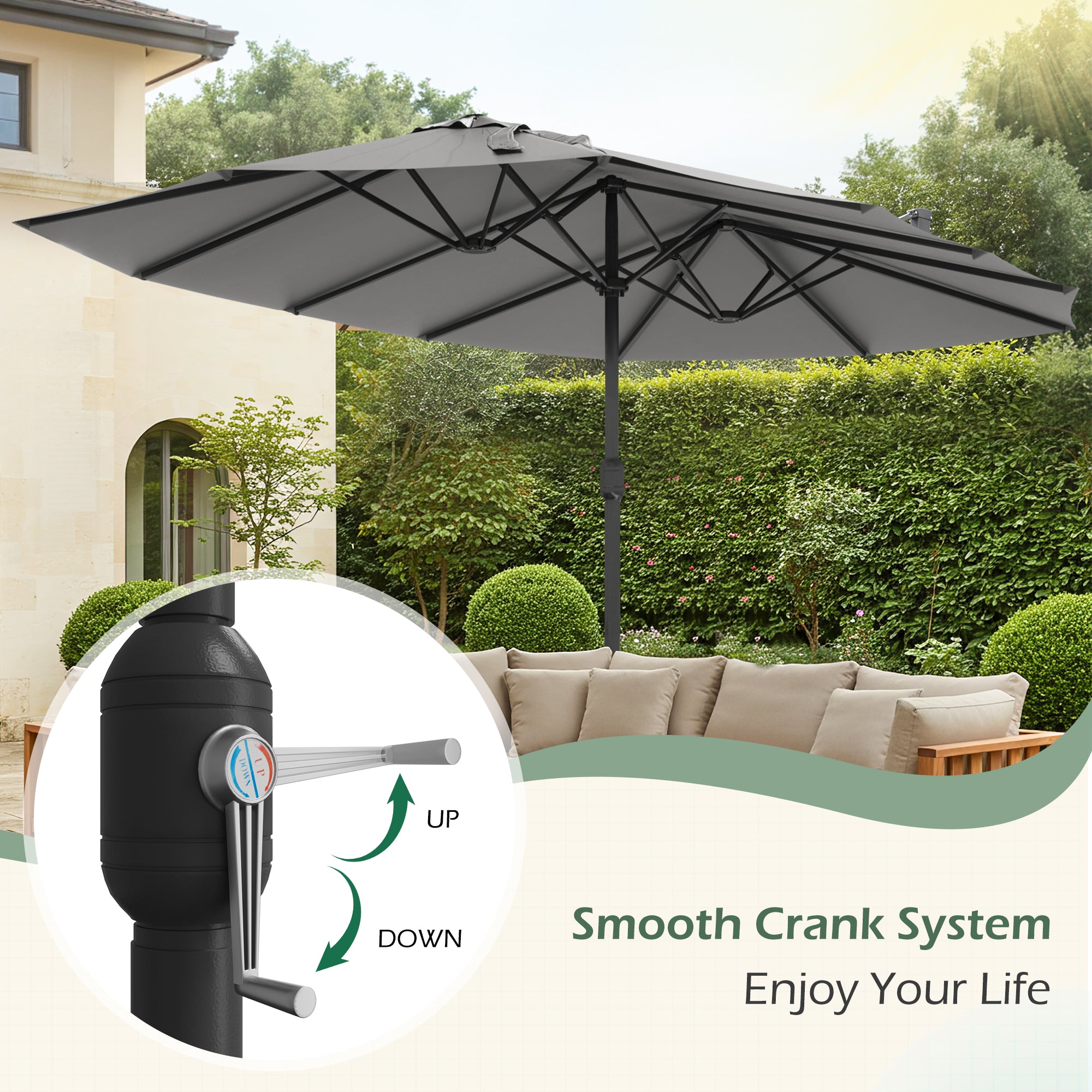 EROMMY 15x9 Double Sided Outdoor Patio Umbrella - Large Spacious Cantilever Sun Shade in Gray - Perfect for Poolside, Backyard, Deck & Garden Relaxation