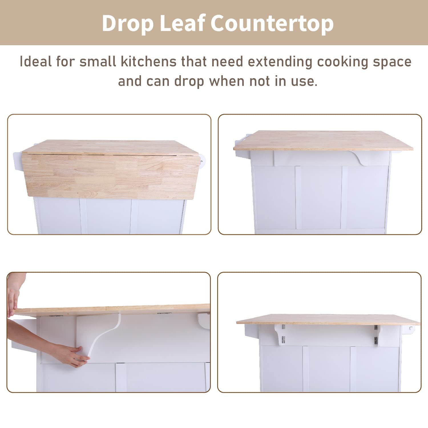 Portable Kitchen Island Cart on Wheels with Drop Leaf, Spice Rack, Towel Holder & Drawers - White | Rolling Kitchen Storage Cabinet for Small Spaces, Apartments & Mobile Cooking Stations