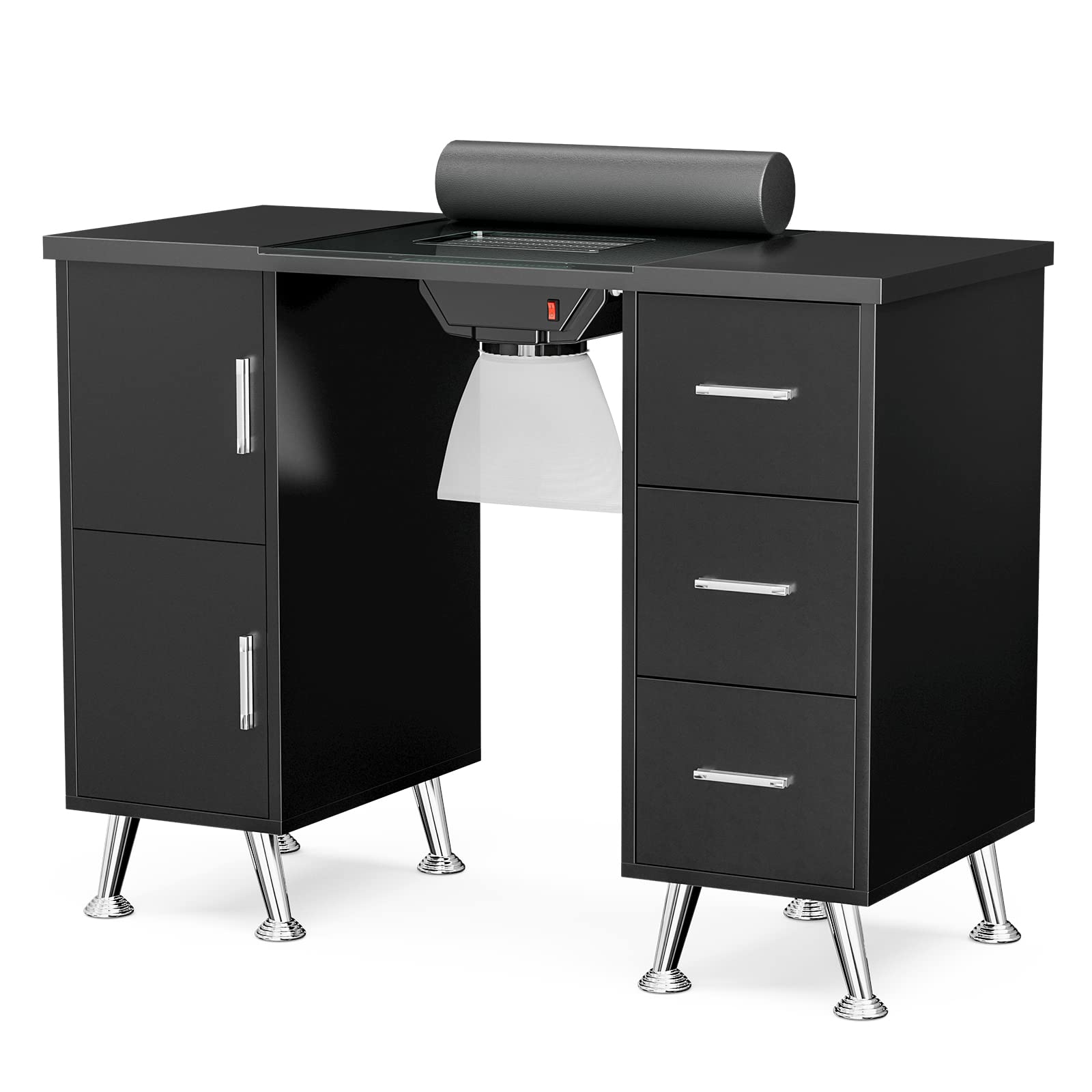 Premium Nail Tech Table with Electric Downdraft Ventilation - Glass Top Manicure Station for Salon Professionals, Includes Wrist Cushion, Storage Drawers & Golden Metal Legs (Black) - Perfect for Nail Salons, Spa Treatments & Home Beauty Studios