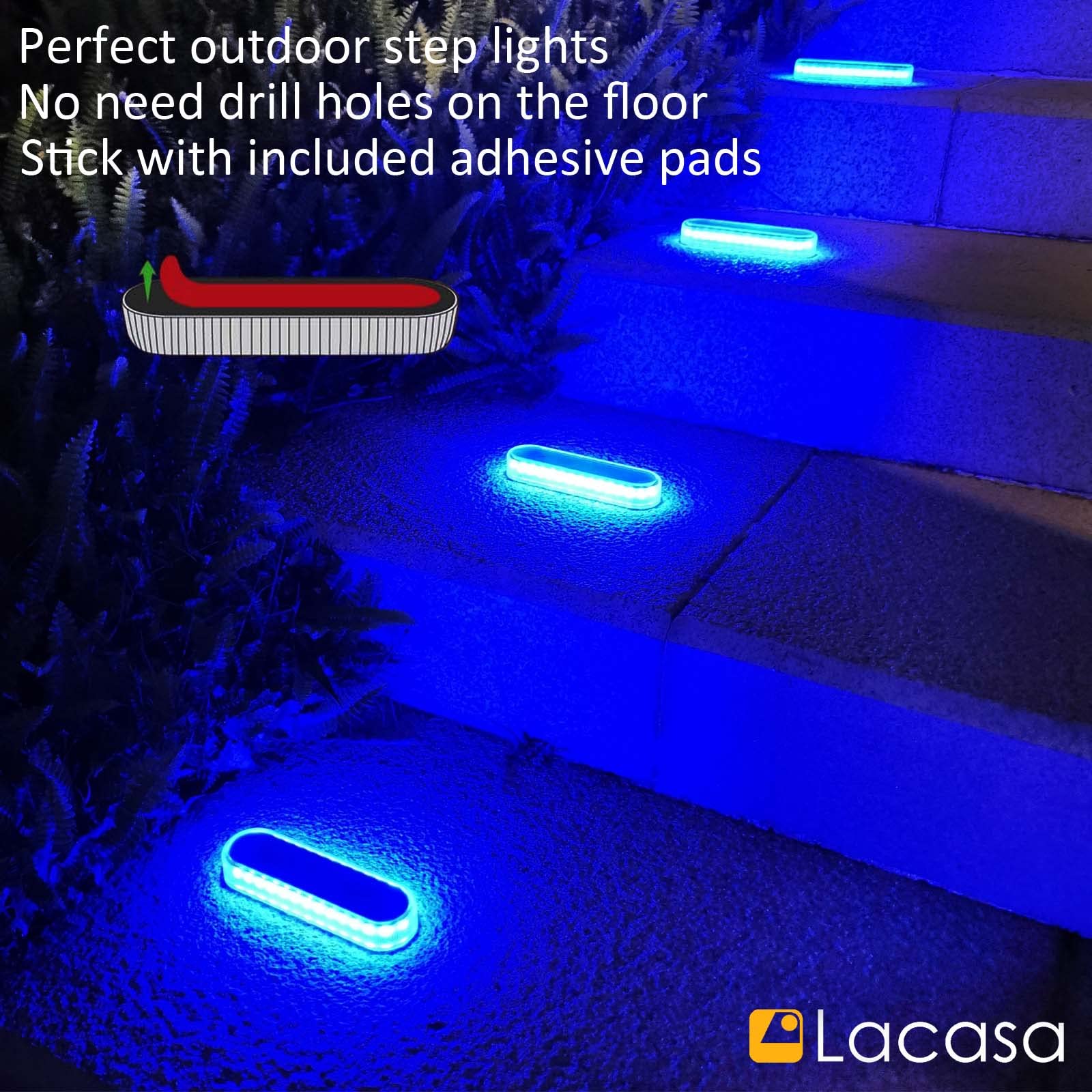 Lacasa Solar Deck Lights 4 Pack - 40LM Waterproof LED Outdoor Step Lights for Garden, Stairs, Driveway & Pathway - IP68 Auto ON/Off Solar Powered Blue Lighting (Perfect for Landscape, Dock & In-Ground Installation)
