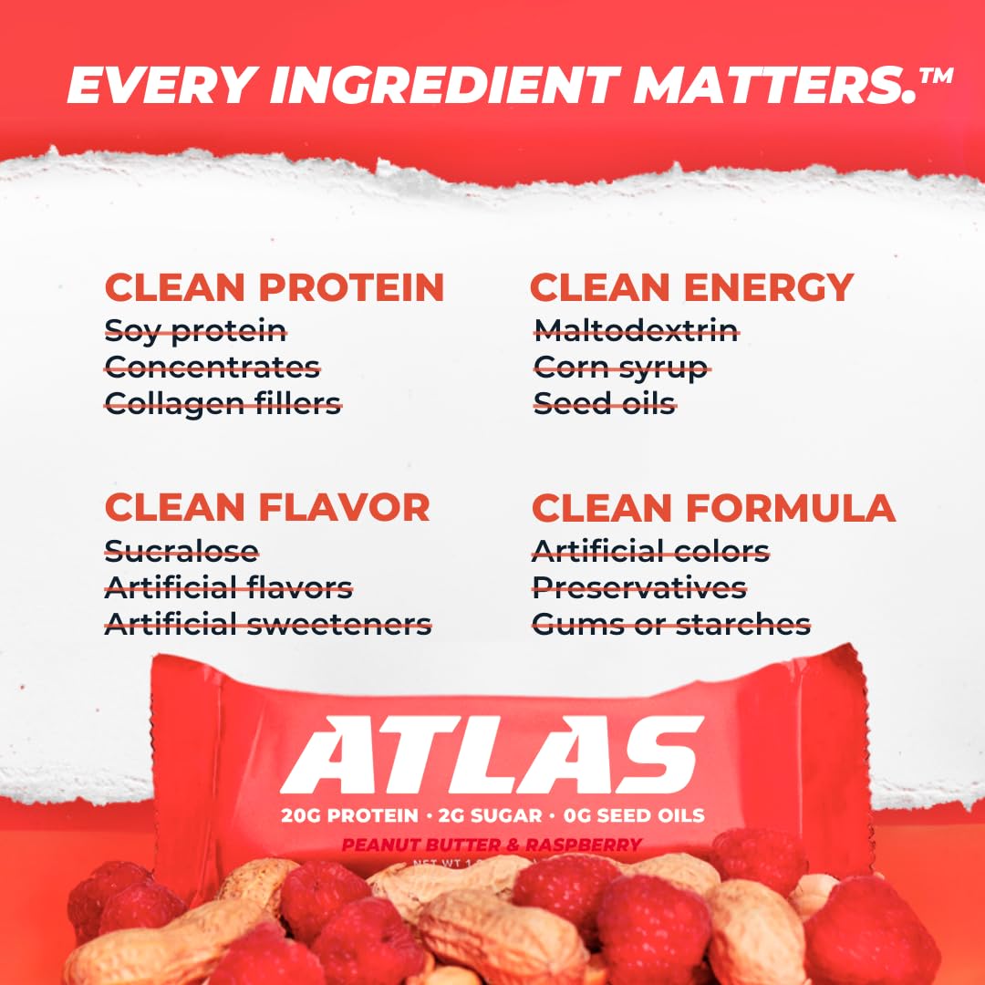 Atlas Protein Bar - 20g Protein, 1g Sugar, Clean Ingredients, No Seed Oils - Peanut Butter Raspberry Flavor (24 Count) | High Protein Snack for Gym, Hiking & Healthy On-the-Go Lifestyle