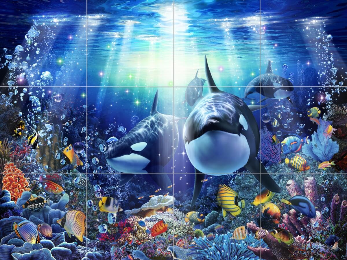 Ceramic Backsplash Tile Mural - Dolphin Whale Underwater Ocean Fish Design for Kitchen Bathroom Shower - Orca Reef by Christian Riese Lassen - Perfect for Coastal Home Decor and Beach House Renovation