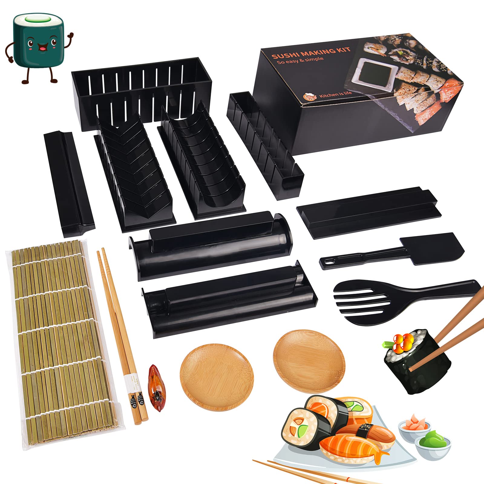 AYIYUN 15-Piece Sushi Making Kit with 8-Shape Rice Mold, Bamboo Rolling Mats, Chopsticks Holder & Plates - Complete DIY Sushi Tools Set for Home Cooking, Party Entertaining & Japanese Cuisine Lovers