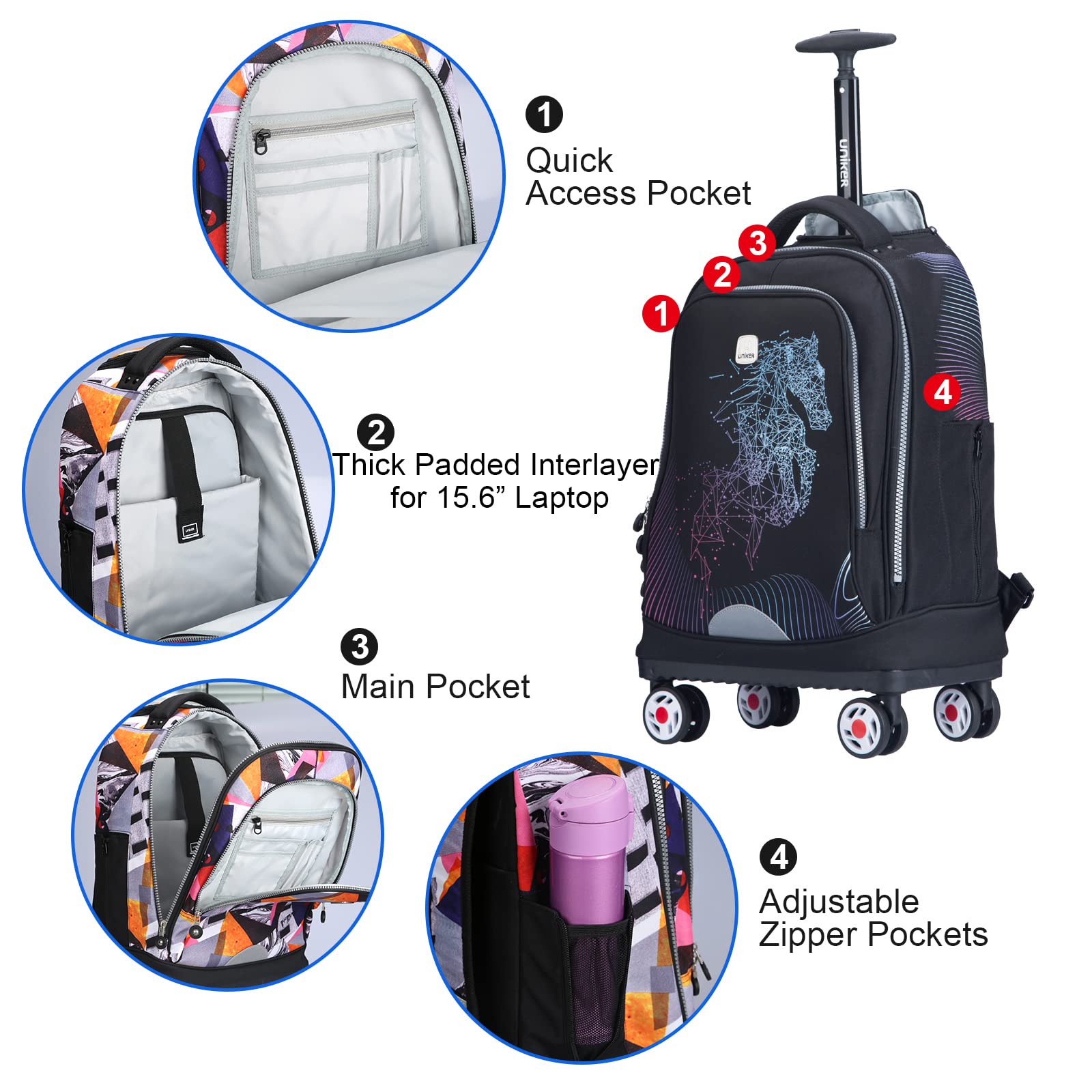 UNIKER Rolling Backpack with Wheels - Travel Laptop Backpack for Women & Men, 15.6 Inch Wheeled Carry-On Backpack for Business, School, Airplane & Commuting