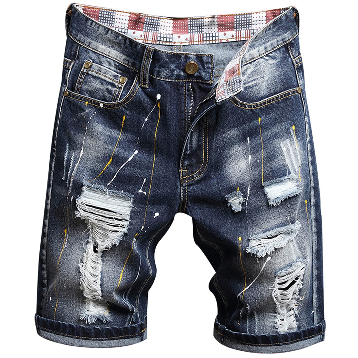 Men's Slim Fit Stretch Denim Shorts - Casual Straight Leg Ripped Jeans with Distressed Holes (Dark Blue, Size 38) | Perfect for Summer Outings, Beach Trips & Streetwear Fashion