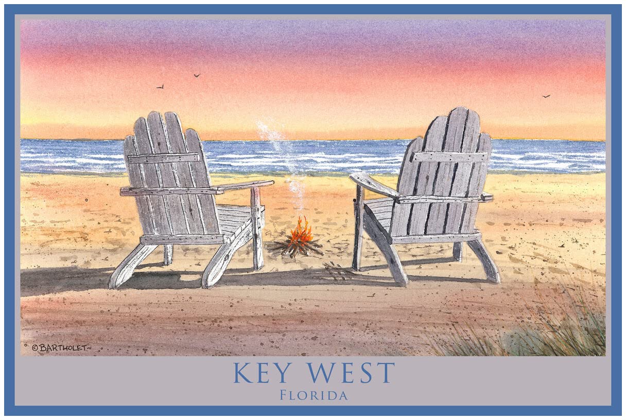 Key West Florida Adirondack Chairs Beach Watercolor Art Print - 24x36 Inch Coastal Decor by Dave Bartholet - Perfect for Beach House, Living Room & Office Wall Decor