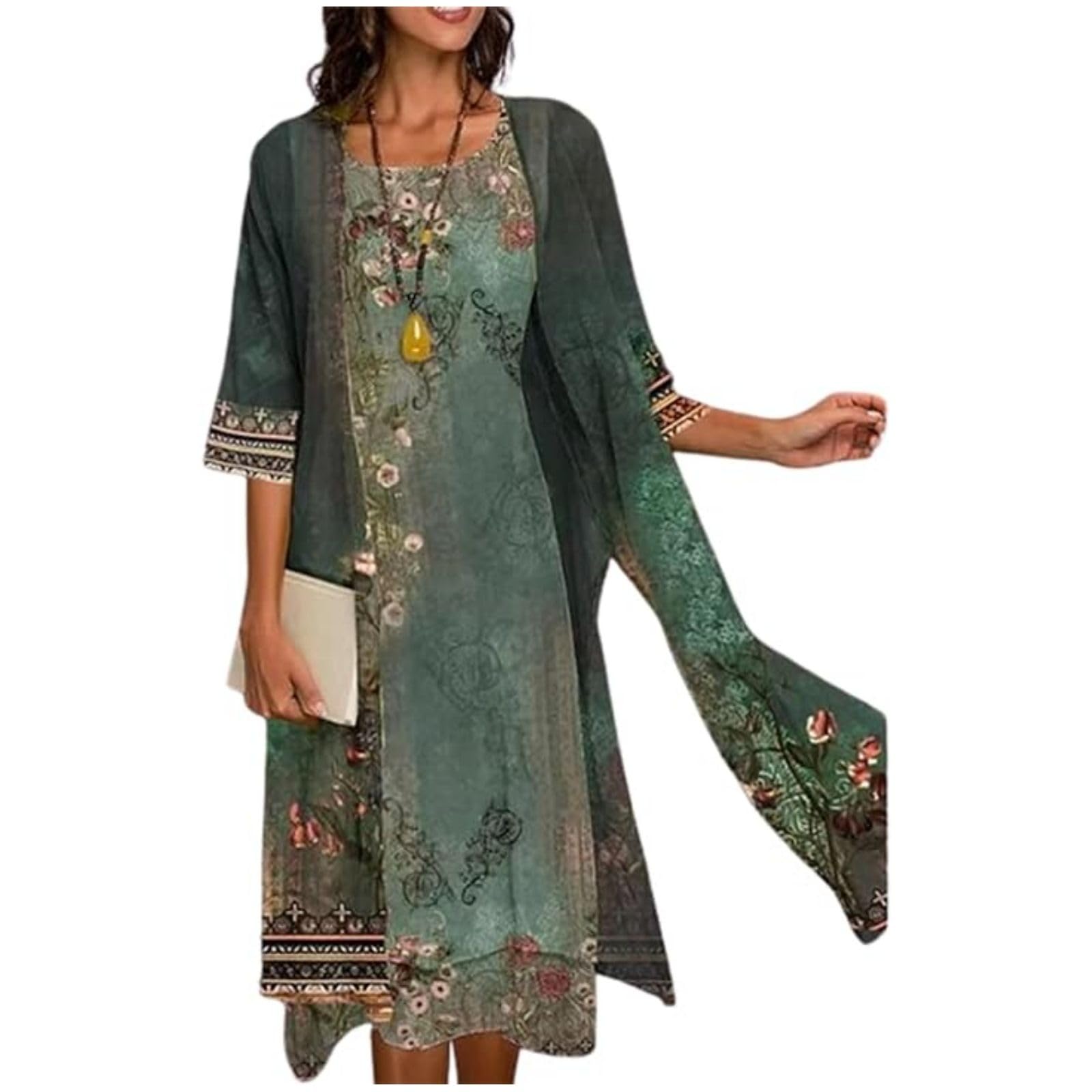 Women's Boho Floral Wedding Guest Midi Dress with Jacket - 2 Piece Set for Summer Cocktail Parties, Garden Weddings & Special Occasions