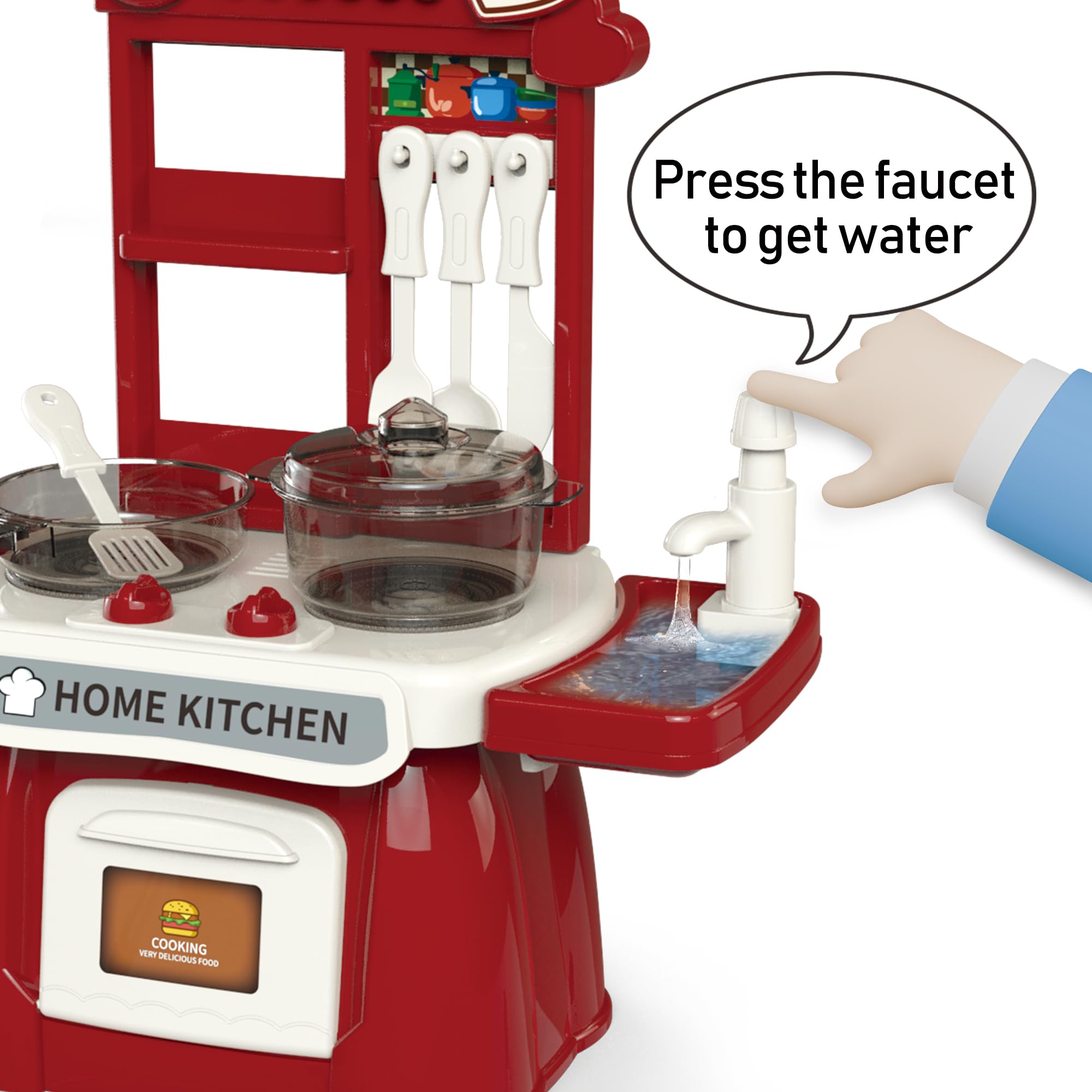 **Toddler Kitchen Playset with Sound & Light - Pretend Cooking Toy Set for Kids, Play Sink with Running Water & Electronic Induction Stove - Red Kitchen Accessories for Pretend Play & Role-Playing Fun**