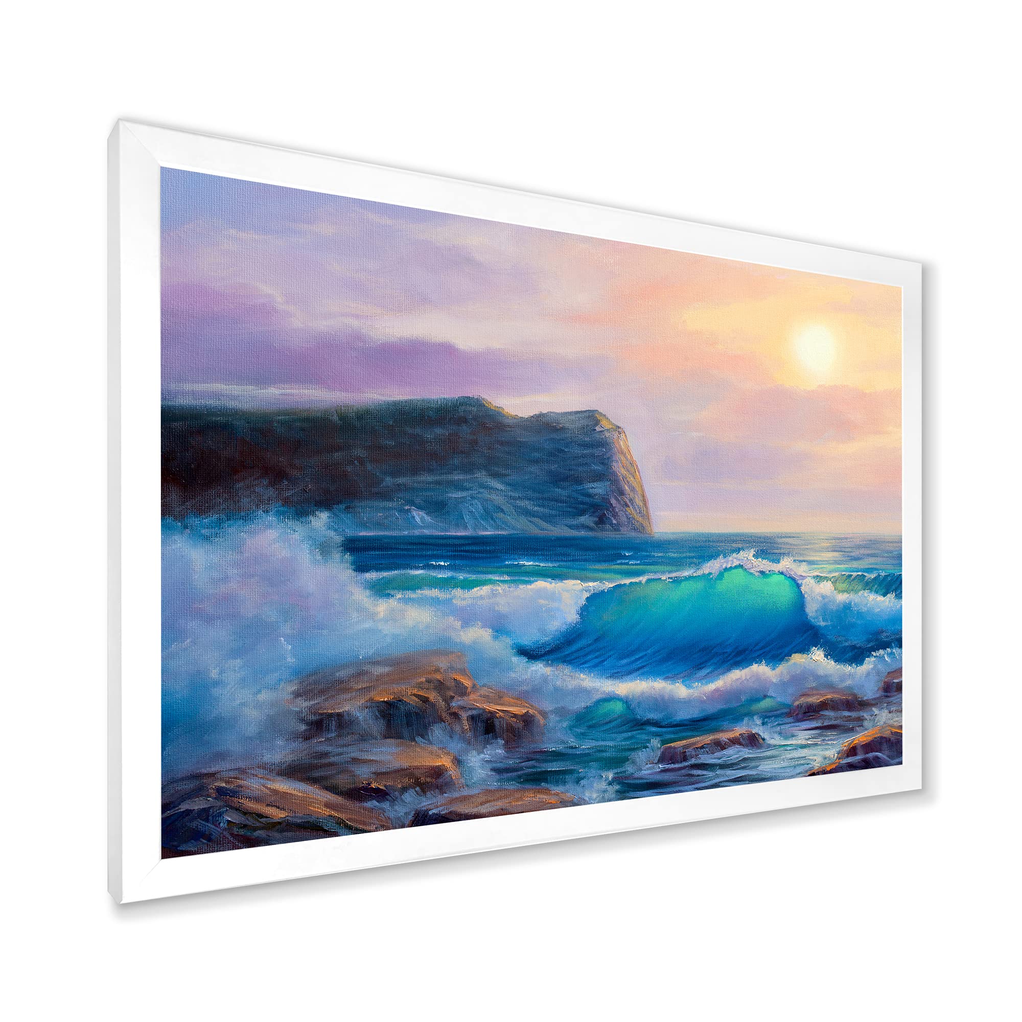 DesignQ Blue Waves Breaking At The Beach III - Coastal Framed Wall Art Decor for Living Room, Bedroom & Office | Nautical Ocean Theme Home Decoration