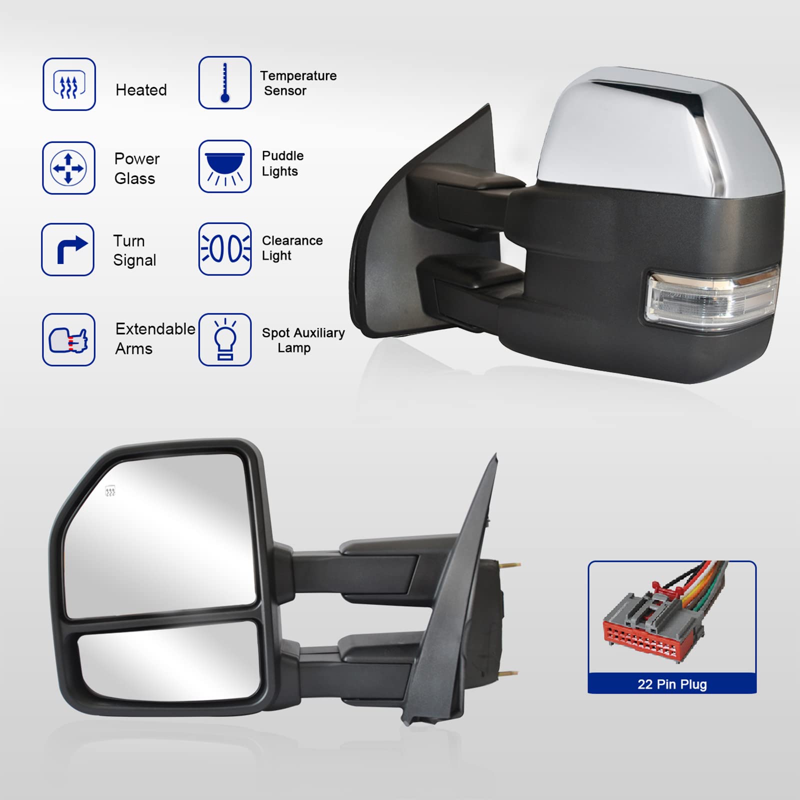 WLLW Towing Mirrors for Ford F150 2015-2020 - Power Adjustable, Heated Defrost, LED Turn Signal, Puddle Lights & Auxiliary Lamp with 22-Pin Plug - Perfect for Towing, Off-Roading & Night Driving
