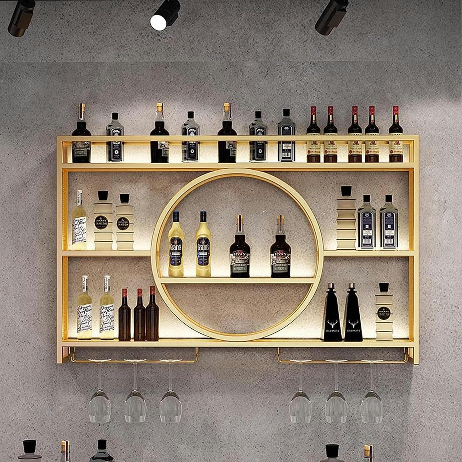 GLJTUO Wall Mounted Wine Rack Metal, Floating Shelf for Bar Units, Wall Mounted Bottle Holder, Iron Wine Shelf with Shelves - Ideal for Home, Restaurant, Bar Decor (Black with Light, 120cm) - Perfect for Wine Storage and Display in Living Rooms, Kitchens & Dining Areas