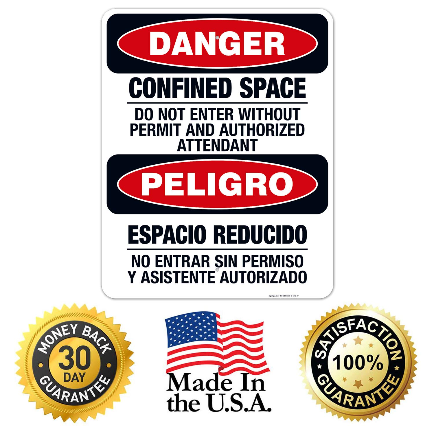 OSHA Danger Sign - Confined Space Do Not Enter Without Permit Bilingual Sign | 24x30 Inches Rust-Free .063 Aluminum | Fade-Resistant for Indoor & Outdoor Use | Made in USA | Ideal for Construction Sites, Warehouses & Industrial Safety Areas