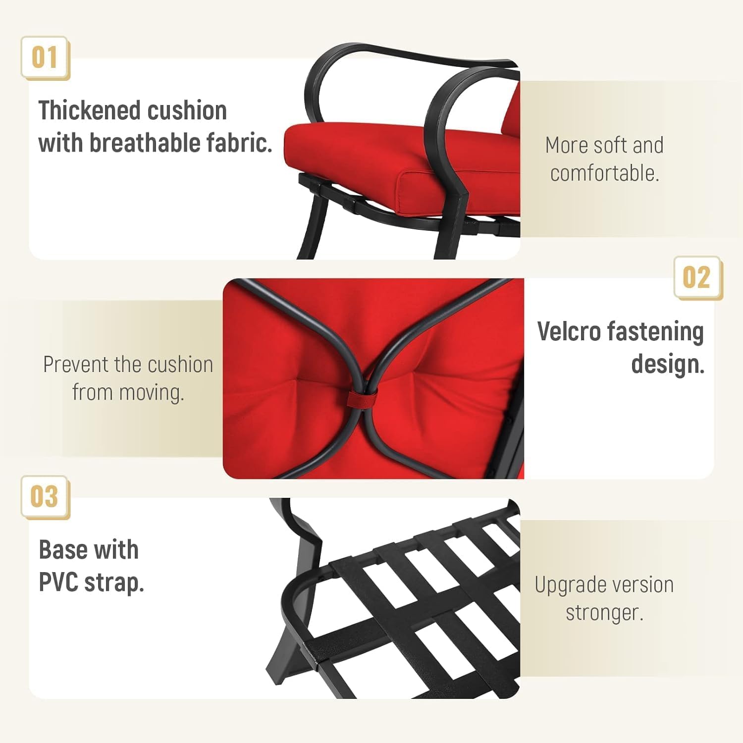 SUNCROWN 3-Piece Outdoor Rocking Chair Patio Set - Black Steel Bistro Furniture with Thickened Cushions & Glass-Top Coffee Table (Red) - Perfect for Garden, Porch, Backyard Relaxation and Outdoor Entertaining