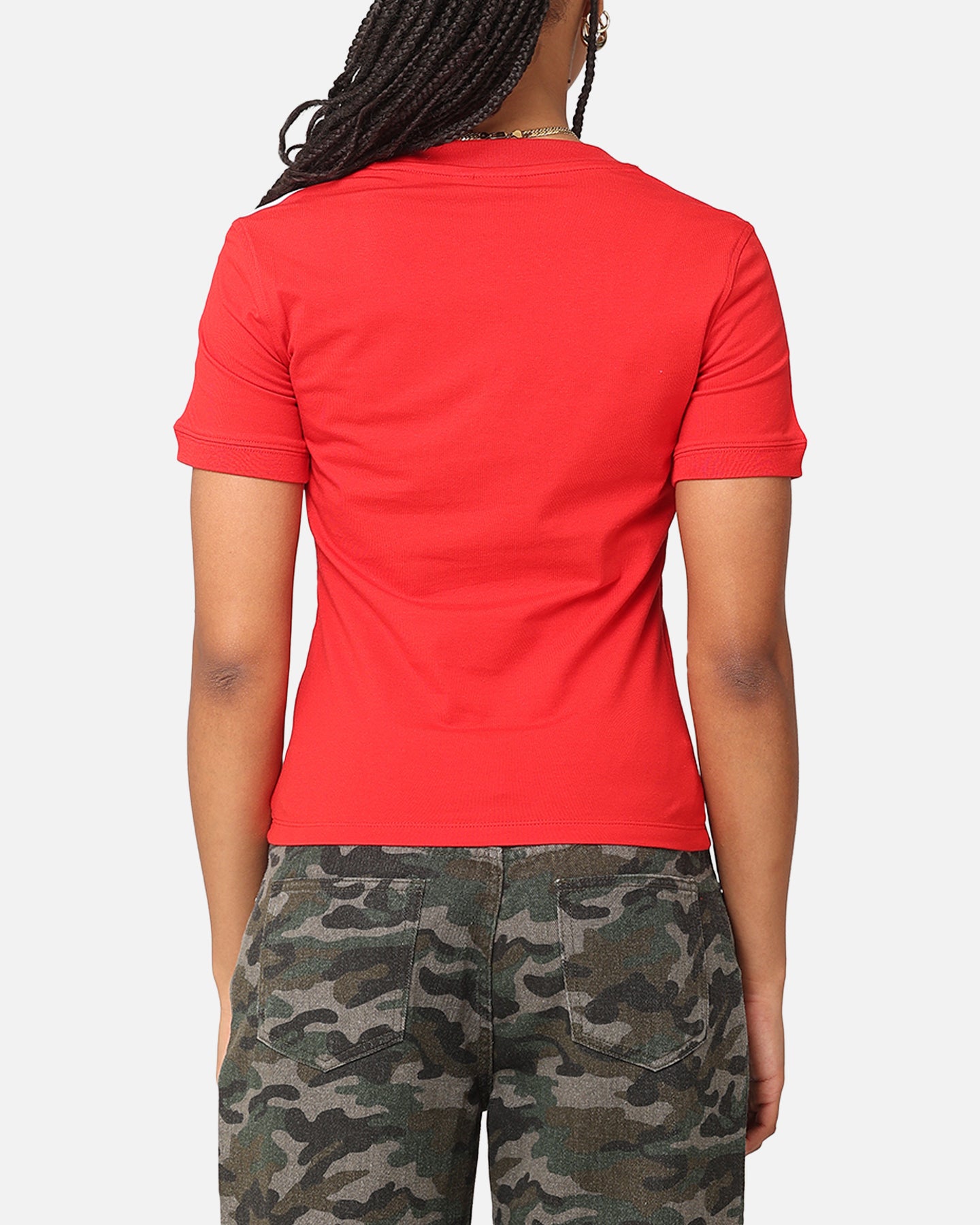 Adidas Women's 3 Stripe V-Neck T-Shirt - Better Scarlet Red Cotton Tee for Casual Wear, Gym & Everyday Outfits