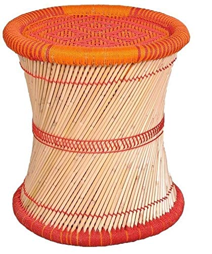 HeeMo Eco-Friendly Cane Wood Bamboo Sitting Stool - Lightweight & Durable Indoor/Outdoor Stool for Patio, Garden, Living Room, or Camping (Red, Orange: Set of 1)