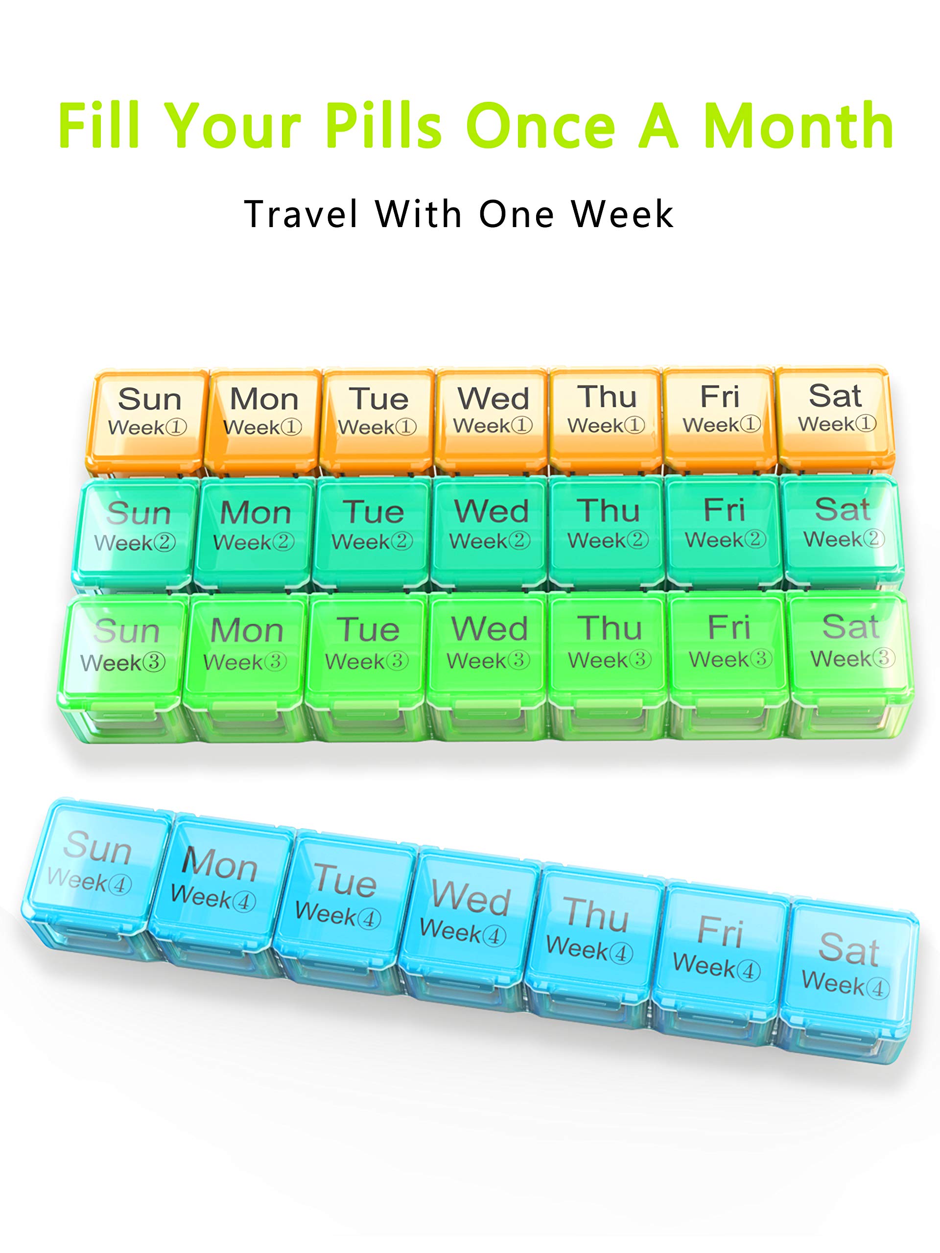 28-Day Large Monthly Pill Organizer with Extra Large Compartments | Weekly Medication Storage Case | Dust-Proof Travel Pill Box for Vitamins, Fish Oil & Supplements | Perfect for Home Use, Travel & Daily Health Management