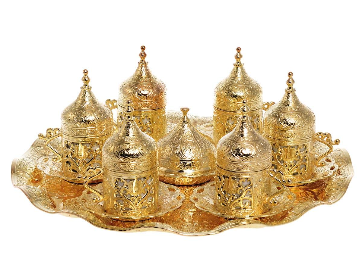 Premium 6-Piece Turkish Coffee Cup Set with Saucers & Lids - Ottoman Tulip Design (Gold/Lale) - Traditional Espresso Cups for Home, Cafe & Gift Giving