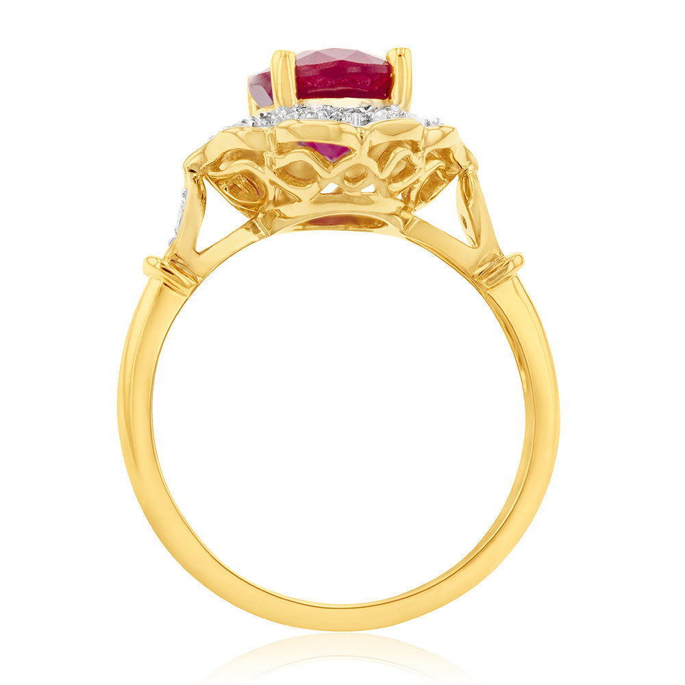 9ct Yellow Gold 2.70ct Natural Enhanced Ruby and Diamond Ring for Women - Elegant Engagement, Wedding, Anniversary Gift Jewelry - Perfect for Valentine's Day, Birthday & Special Occasions