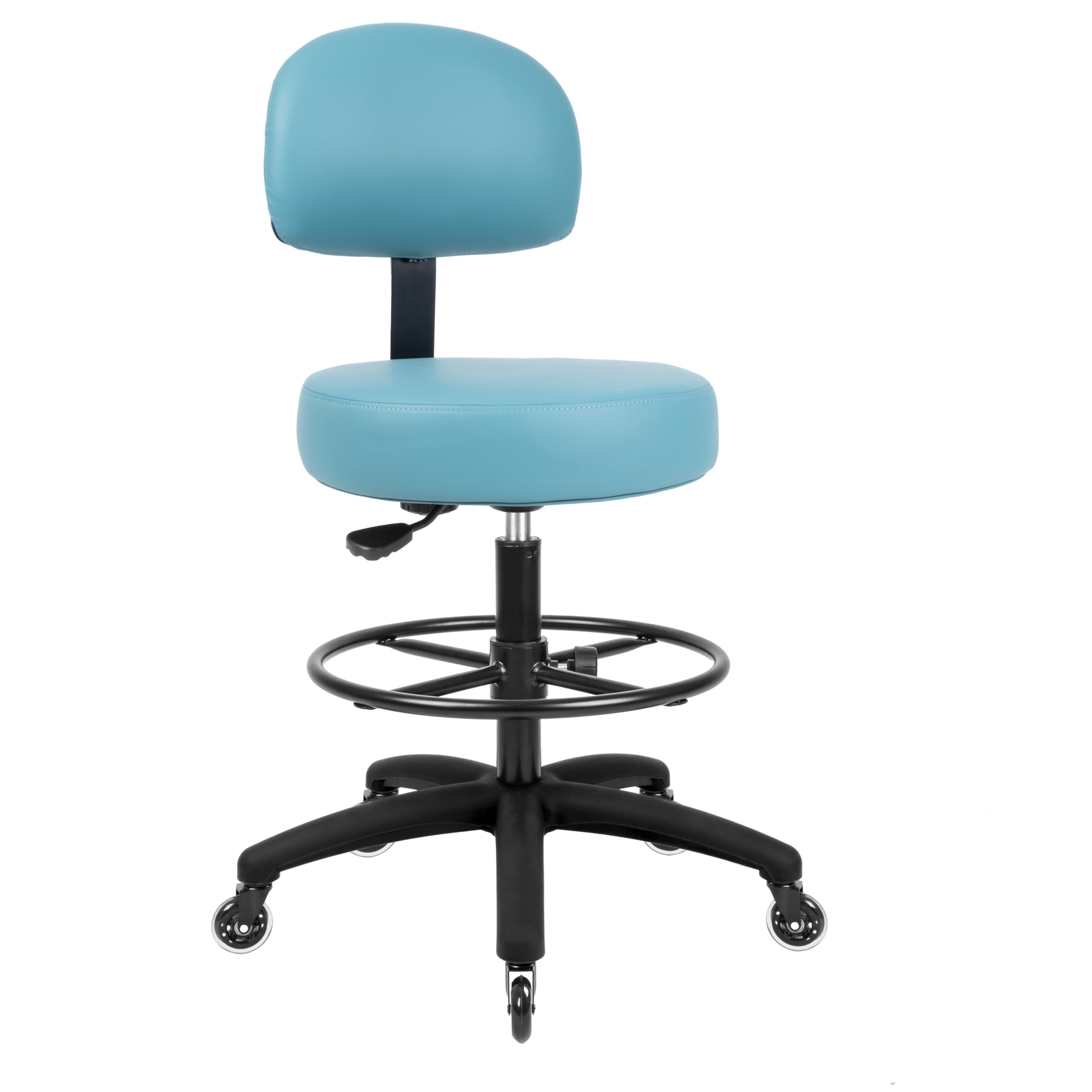 TAKE UR SEAT® Adjustable Height Medical Spa Stool with Ergonomic Back Support - Easy Clean Fabric Seat & Smooth Blade Wheels - Perfect for Dental Offices, Tattoo Studios & Salon Workstations (Blue, Tall Bench Height)