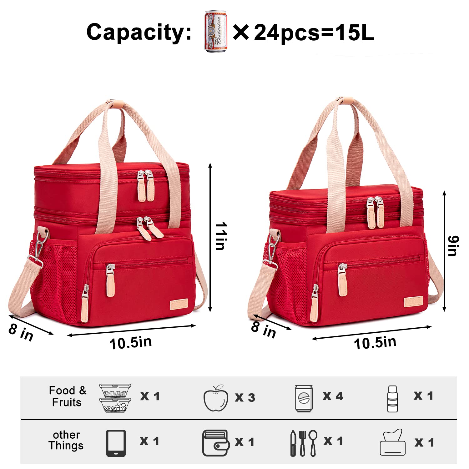 Weitars Insulated Lunch Bag for Women - Waterproof Reusable Large Lunch Box with Dual Compartment, Wide-Open Cooler Tote for Nurses, Office Work, Picnic & Hiking - 15L Capacity (Red) | Perfect for Meal Prep, Daily Commute & Outdoor Activities